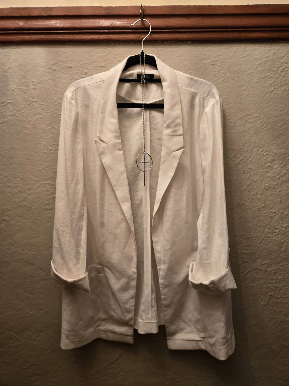 Linen Blend Blazer White Open Front Minimalist Chic Layering Jacket - Picture 10 of 10